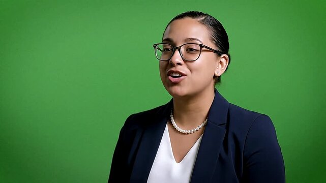 A young woman with glasses and a pearl necklace speaks against a bright green background in a blazer suit