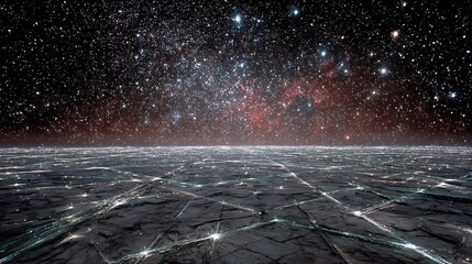 a vast, starlit sky dominates the scene above a dark, grid like surface. the sky is a dense tapestry of stars, creating a cosmic vista
