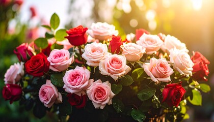 Realistic Close Up Background Of Blooming Roses With Green Leaves And Natural Sunlight