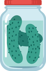 A clear glass jar filled with brine and three whole dill pickles sealed with a red lid presented on a white background