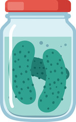 A glass jar filled with brine and two whole dill pickles sealed with a red lid presented on a white background