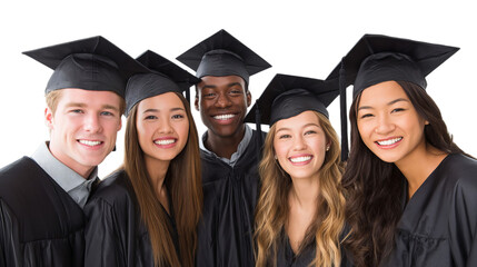 Five young graduates celebrating their achievement, smiling together in their black caps and gowns.