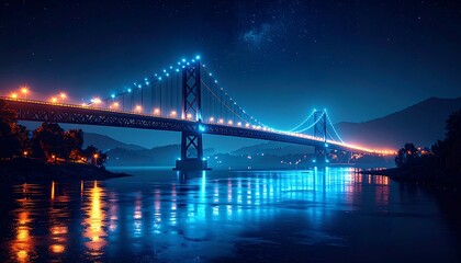 Obraz premium Illuminated Suspension Bridge at Night Over Water, City Lights.