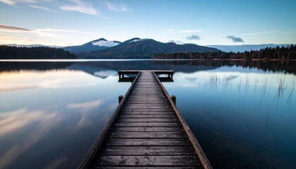 Naklejka premium Single Wooden Pier Extending Into Calm Lake Smooth Water Reflections Ultra Minimal Scene