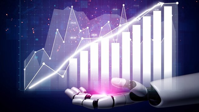 A futuristic robotic hand extends to present glowing data alongside a rising bar graph, symbolizing innovation and growth in the world of technology and finance. Copula