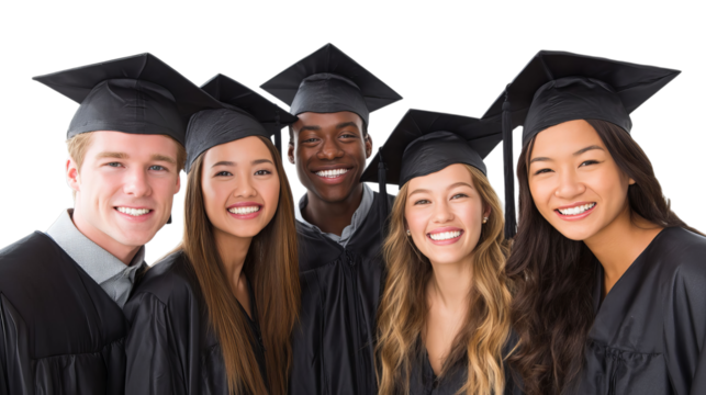 Five young graduates celebrating their achievement, smiling together in their black caps and gowns.
