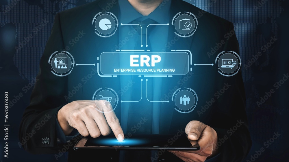 Aufkleber erp platform visual showing centralized system for enterprise resource planning, improving integrati