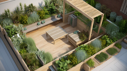 Fototapeta premium Serene Modern Rooftop Garden Design: Elevated Wooden Deck, Lush Greenery, and Tranquil Pergola.
