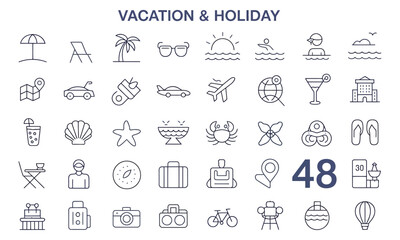 48 editable stroke travel and vacation icons including beach, palm tree, luggage, airplane, hotel, map, camera, and holiday essentials