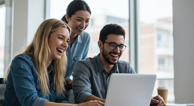 Three diverse colleagues collaborating and laughing at a laptop during a meeting, showcasing teamwork and positive workplace culture