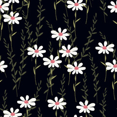 August night. Seamless pattern of white flowers and green branches on a dark background.