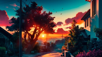 Fototapeta premium イラスト調のノスタルジックな日本の風景