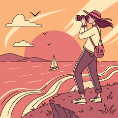 Woman Photographer Watching Sunset by the Sea