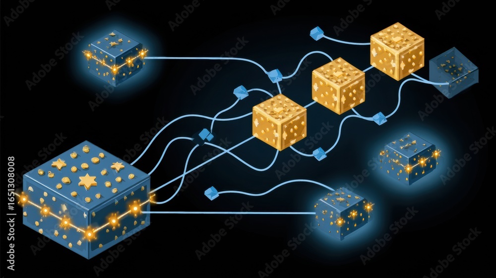 Poster connections and pathways of data blocks with glowing features and accents against a black background