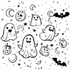 Whimsical Halloween Night A Black and White Cartoon Collage of Ghosts, Pumpkins, Bats and Moons in an Ink Drawing Style
