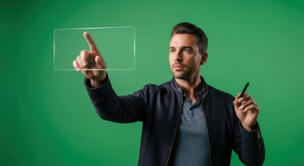 Modern man interacts with transparent screen, showcasing futuristic technology and innovative interfaces