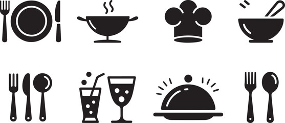 Restaurant menu food icons, black and white glyph style, modern food graphics, catering icons, restaurant signs