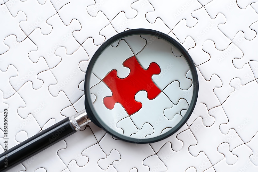 Poster magnifying glass focuses on a single bright red puzzle piece amidst a scattered white jigsaw puzzle 