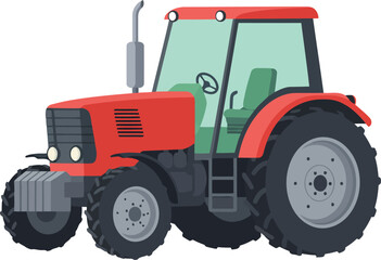 Bright red modern tractor with large tires and a green tinted cabin isolated on a white background