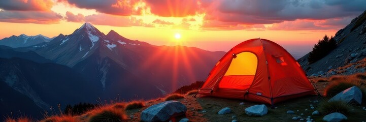 Sunset bathes vibrant mountaintop tent in golden light , golden hour, night, alpine