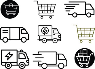 Delivery service icons with trucks and shopping carts