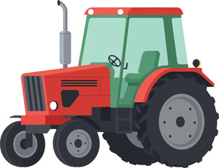 A bright red modern tractor with a green tinted cab and large black tires isolated on a white background