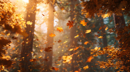 Illustration of a blurry forest autumn leaves, bathed in the golden glow of sunlight filtering through trees, with falling petals creating an ethereal atmosphere.