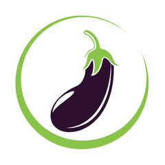 Dark purple eggplant with green stem and leaves inside a green circular frame aubergine vegetable