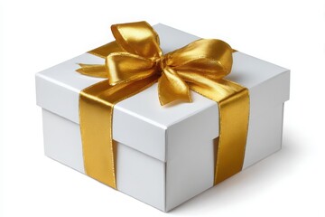 White gift box with gold ribbon isolated on white background