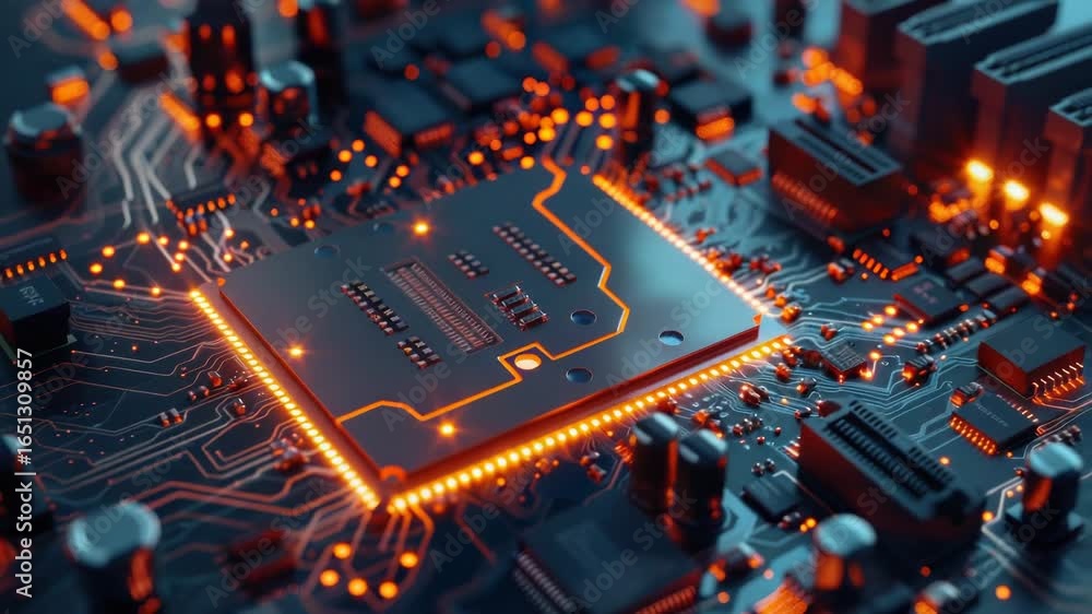 Poster a detailed view of a computer circuit board with various electronic components