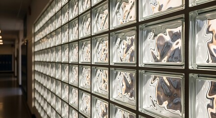 A hallway featuring a long wall constructed of translucent glass blocks, with ambient lighting.