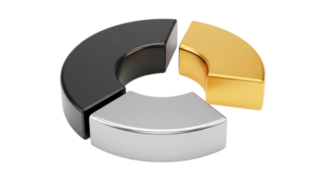 Shiny metallic pie chart diagram with black silver and gold segments representing data visualization and market share analysis on a black background