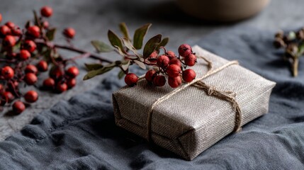 Gift box wrapped in paper with berries on gray fabric background for seasonal lifestyle photography cozy holiday product composition