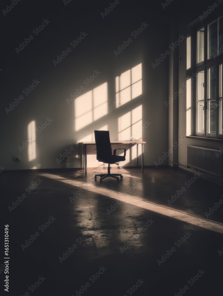 Poster shadows dancing in a quiet office during late afternoon light in an empty workspace with a chair and