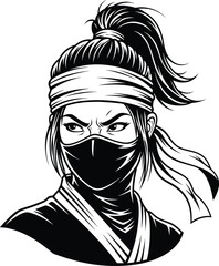 Powerful anime-style female ninja warrior with a mask and ponytail. Black and white vector illustration of a determined and strong kunoichi fighter.