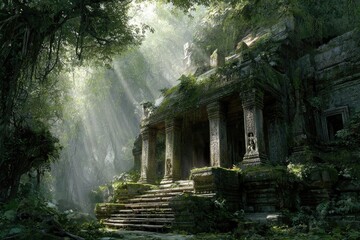 Sunlit ancient temple nestled in a lush jungle