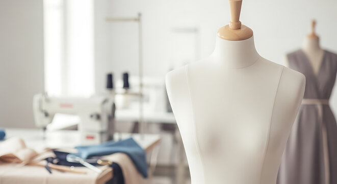 Dressmaker atelier showcasing mannequin form and sewing machine in bright workspace setting