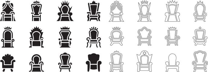 Collection of throne and royal chair icons, black and line art styles vector © Pritam