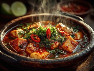 Fototapeta premium Traditional spicy fish soup served in a rustic bowl garnished with chili and herbs for flavor