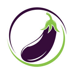 Purple eggplant with green stem and leaves inside a circular swoosh design aubergine vegetable