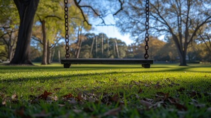 Obraz premium Empty swing in a tranquil park setting.