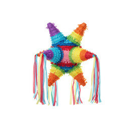 Obraz premium A traditional seven-pointed star piñata of paper-mâché with vibrant fringed tissue paper in a rainbow of colors and cascading streamers, isolated on a stark white studio background with even