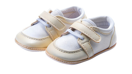 Closeup of a pair of beige and white leather baby shoes isolated on transparent background, perfect for new parents