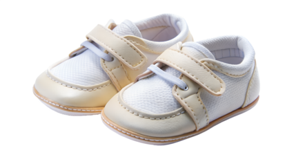 Closeup of a pair of beige and white leather baby shoes isolated on transparent background, perfect for new parents