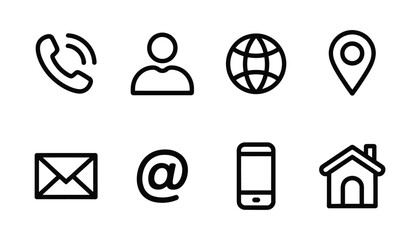 Contact line icons. Contact sign vector set. Telephone number symbol. Email logo. Mail envelope sign. Location address line icon set