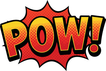 Retro comic book style pow explosion sound effect word art with vibrant yellow and orange lettering on a red burst shape © Your Vectors