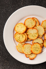 Crisps croutons with greens croutons delicious snack fresh delicious gourmet food background on the table  rustic food top view copy space
