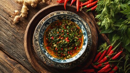 Traditional Asian spicy herbal sauce in a decorative bowl surrounded by fresh herbs chili peppers and ginger on rustic wooden table