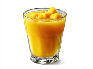 Glass of refreshing mango smoothie isolated on white background