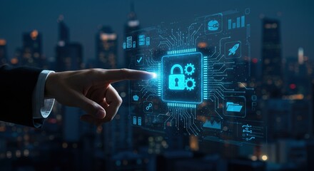 Digital Security Concept with Hand Touching Futuristic Interface with Padlock Icon